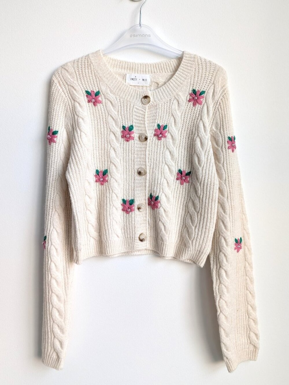 NWT INDIE + MOI Cable Knit Cardigan with Embroidered Flowers | Size 1 (S)